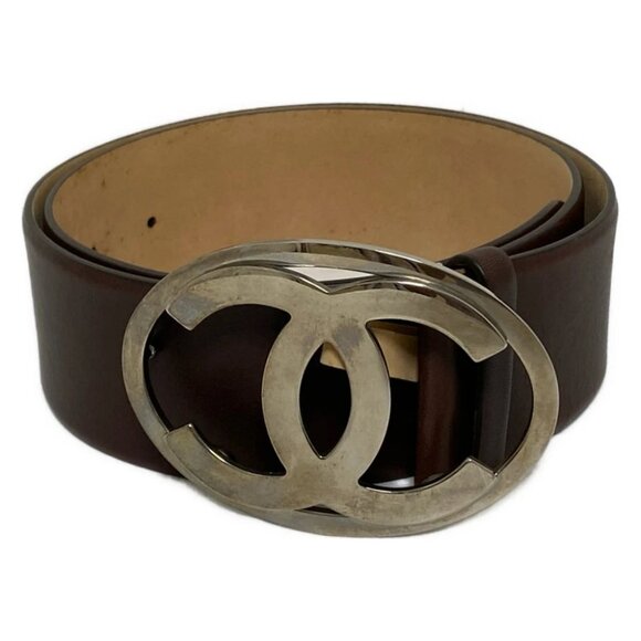 Auth CHANEL - Dark Brown Silver Leather Hardware Belt - Picture 1 of 9